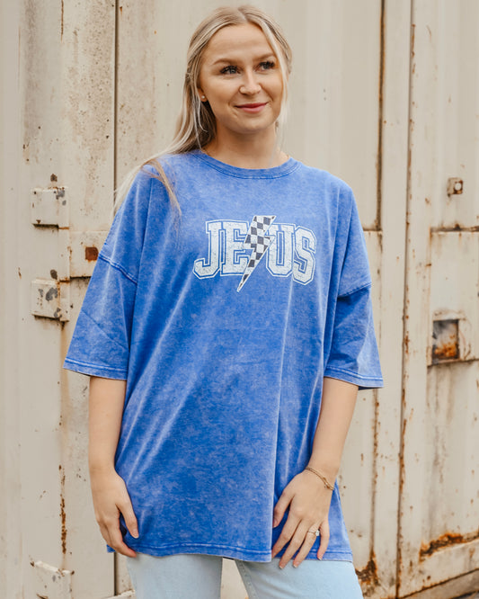 Lightening Blue “Jesus” Oversized Tee // SHARE STUDIO BRAND
