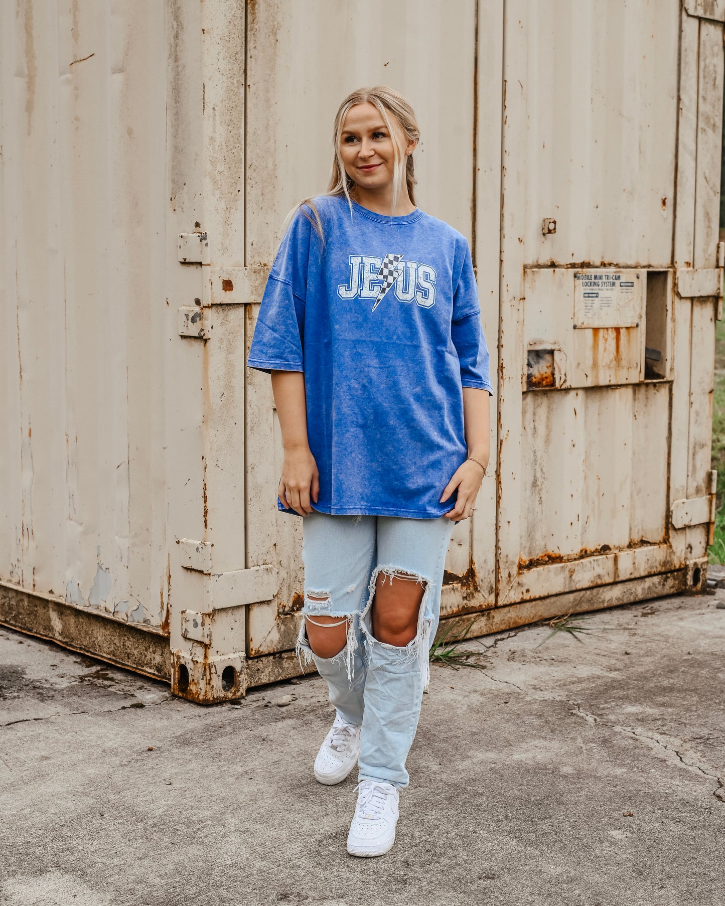 Lightening Blue “Jesus” Oversized Tee // SHARE STUDIO BRAND